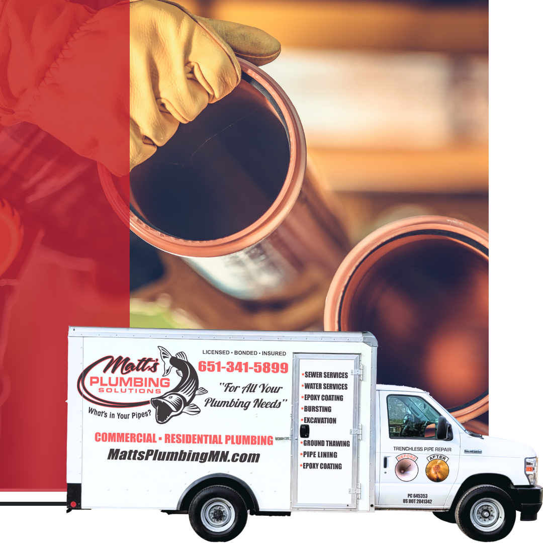 Fish Plumbing & Utilities truck, worker laying pipe