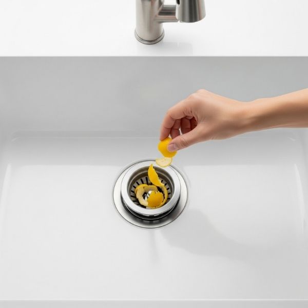 A kitchen sink garbage disposal being used properly to prevent clogs.