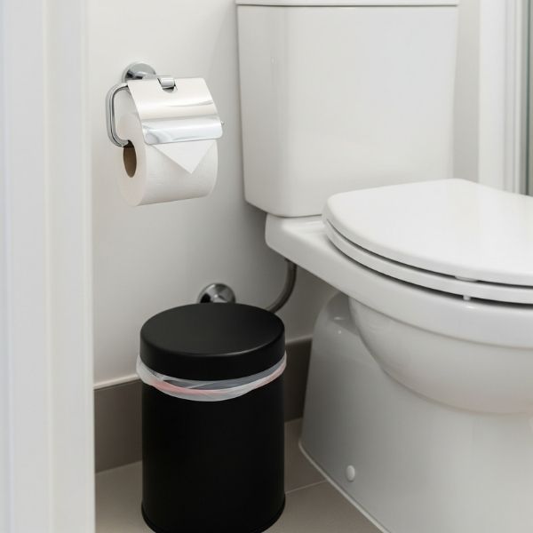 A toilet and adjacent trash can, illustrating proper bathroom disposal habits.
