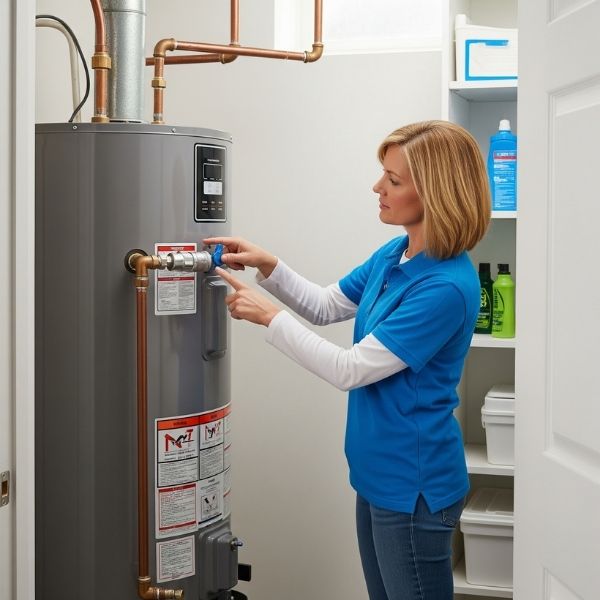 A homeowner performing preventative maintenance on their water heater.