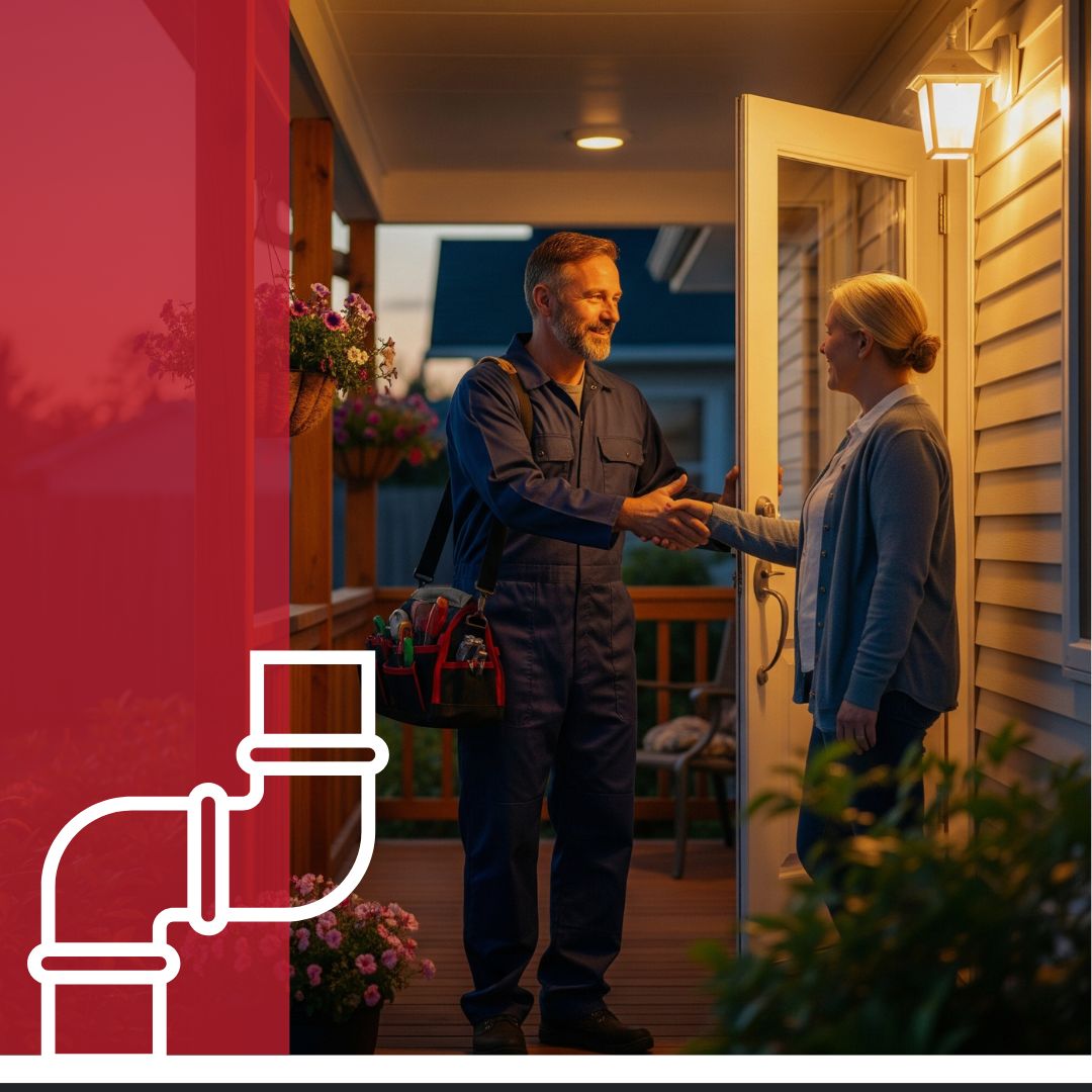 plumber shakes homeowners hand while on porch