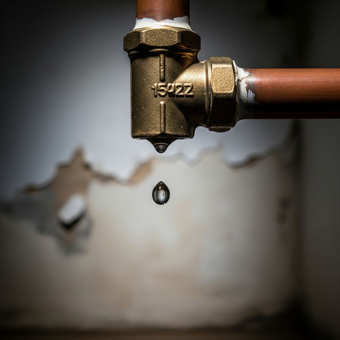 A dramatic, close-up photo of a single water droplet about to fall from a leaking copper pipe joint in a dark basement.