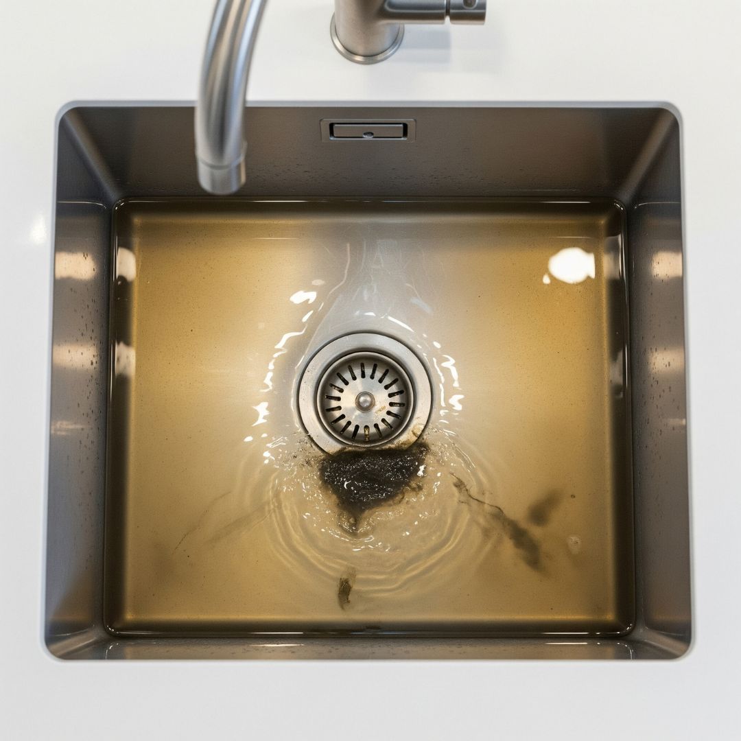 A modern stainless steel kitchen sink, shot from above, is filled with murky, standing water from a clog.