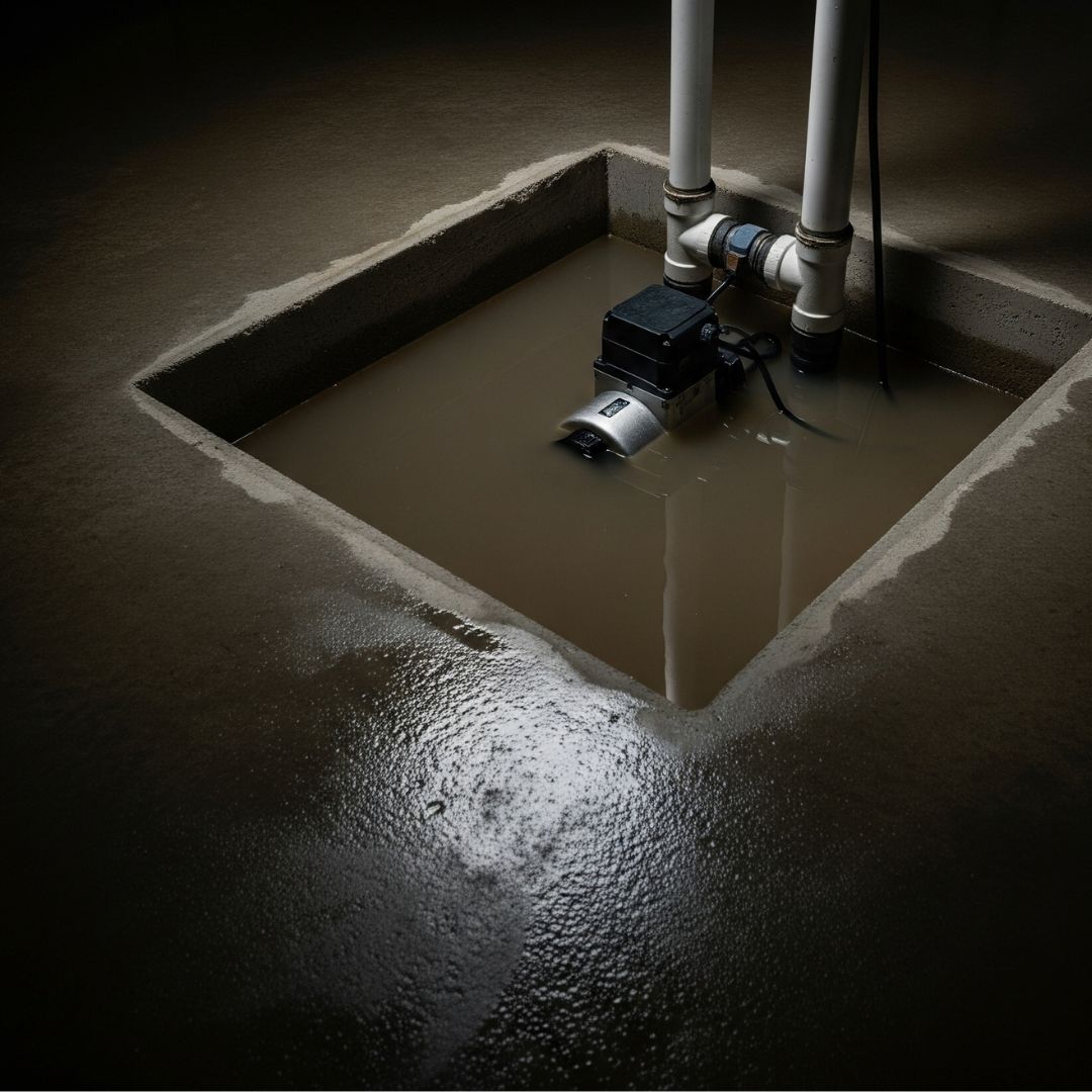 Looking down into an overflowing concrete sump pump pit in a basement, where the pump is submerged in murky water.