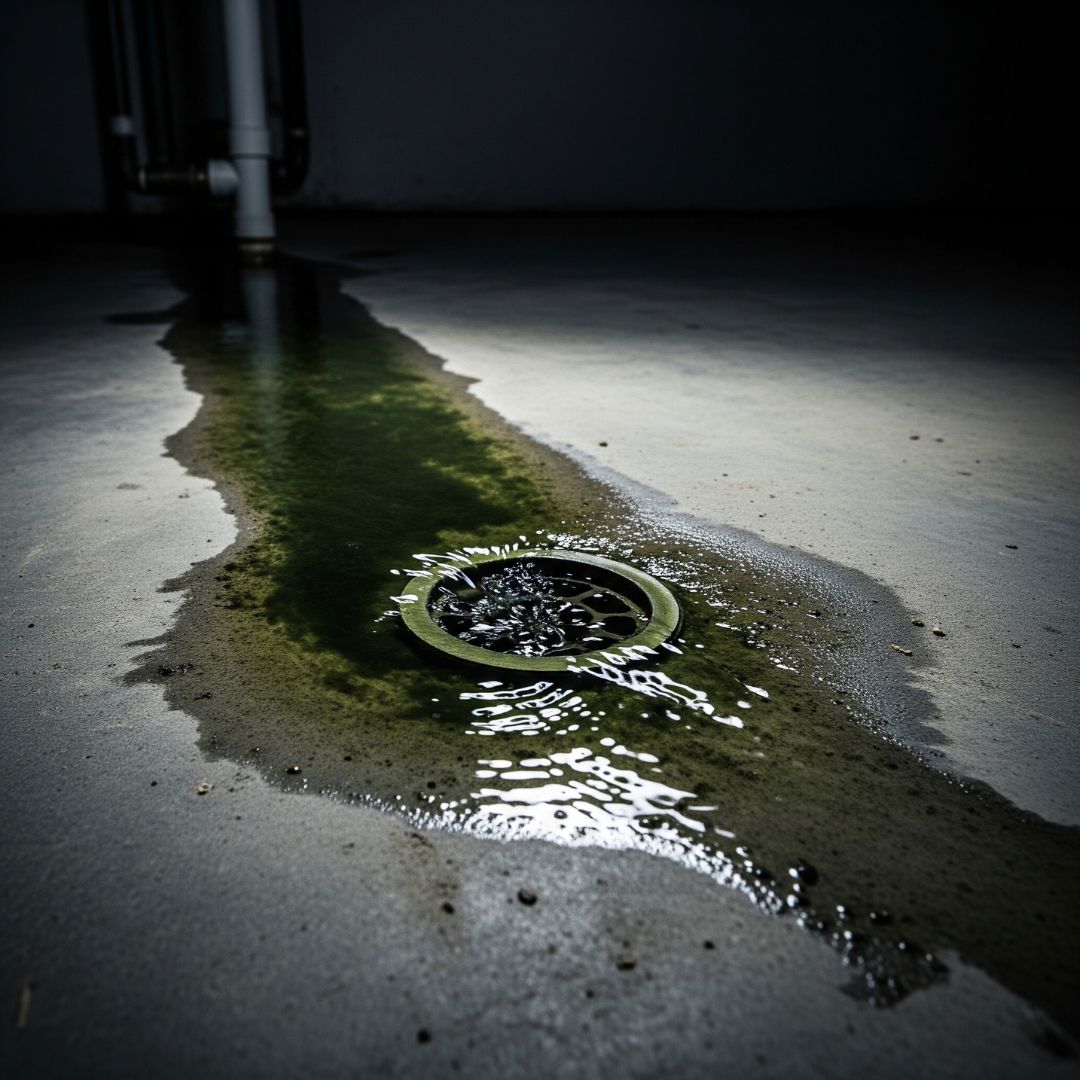 Dark, unpleasant water backs up from a floor drain and pools on a concrete basement floor.