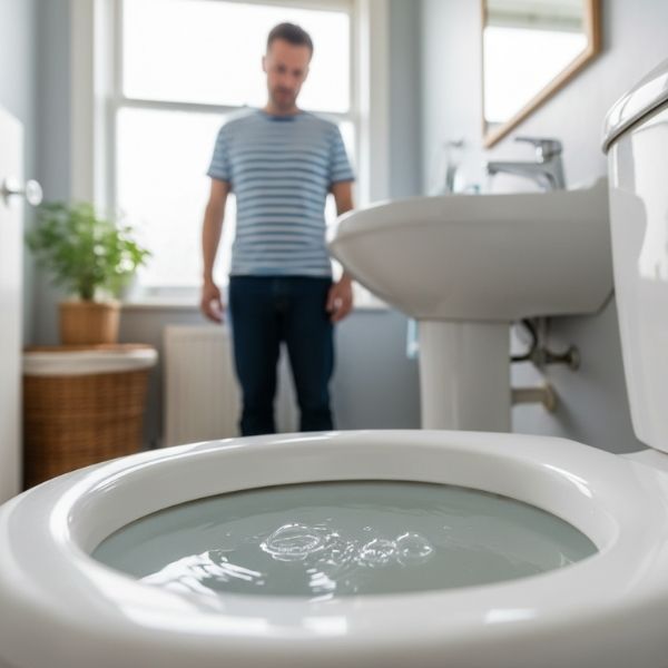 A low-angle shot from inside a toilet bowl filled with clear water, showing a man standing in the background looking down at the toilet with a concerned expression