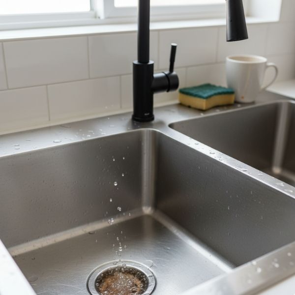 A close-up of a modern stainless steel double-basin kitchen sink with a black faucet. In the left basin, murky water is bubbling slightly from the drain, indicating a clog. A green sponge and a white mug are visible in the background.
