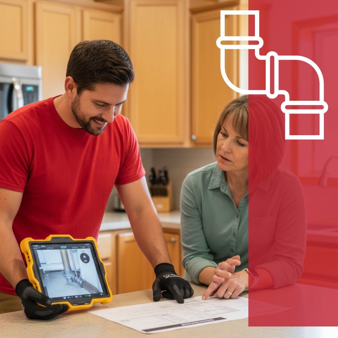 a plumber explaining a sewer repair plan to a homeowner