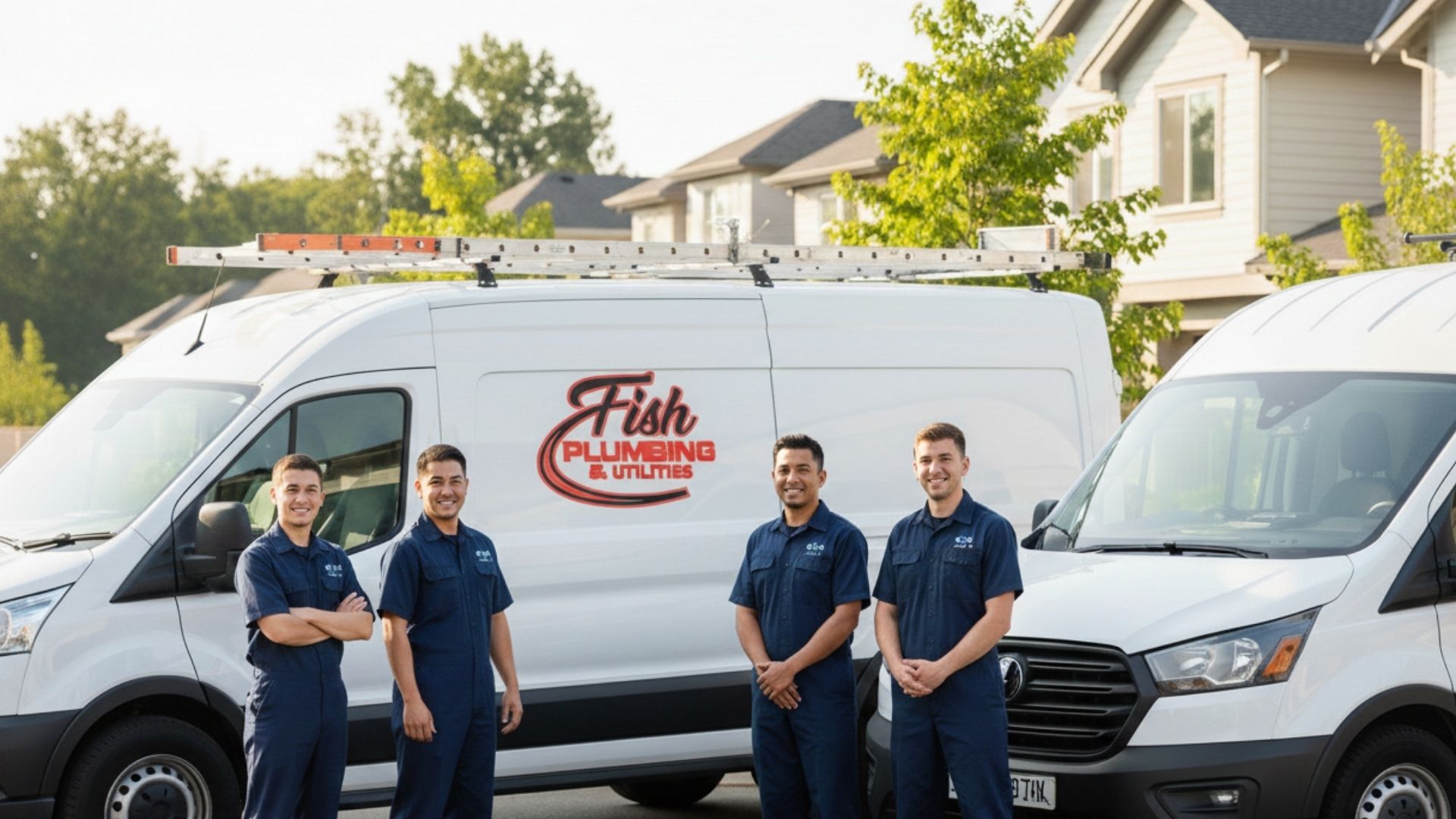 Employees standing in front of a Fish Plumbing & Utilities van